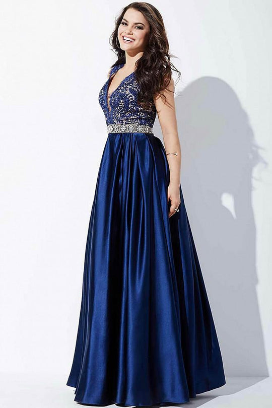 Lace and Bead Embellished V-Neck Satin A-line Dress 28728