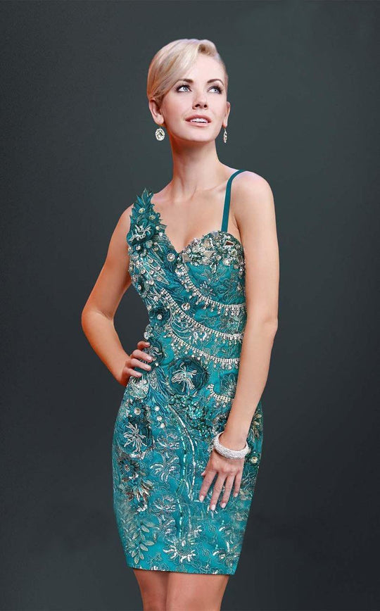 MNM Couture Asymmetrical Beaded Cocktail Dress 8455S in Green