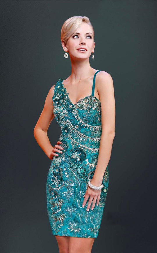 MNM Couture - 8455SW Ornate Asymmetrical Cocktail Dress In Teal