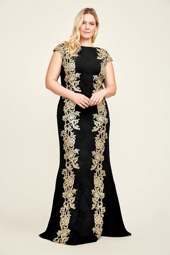 Tadashi Shoji - Gold Embellished Bateau Mermaid Dress In Black and Gold