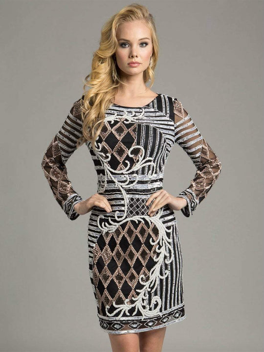 Lara Dresses - Sassy Beaded Long Sleeve Cocktail Dress 33264, Black, Multi-Color