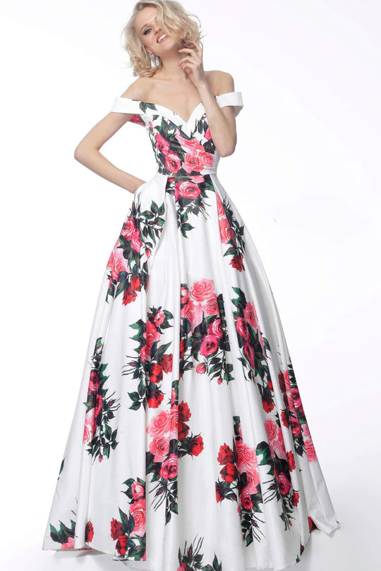 Jovani - JVN65965 Off-Shoulder Sweetheart Printed A-line Dress In White and Multi