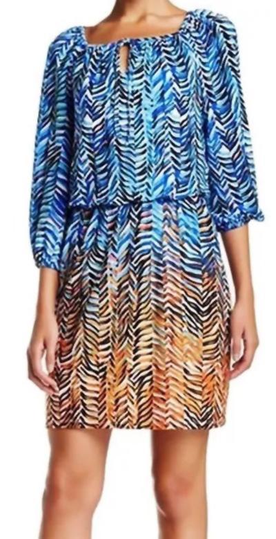 London Times - T1457M Quarter Sleeve Print Blouson Dress in Blue and Multi-Color