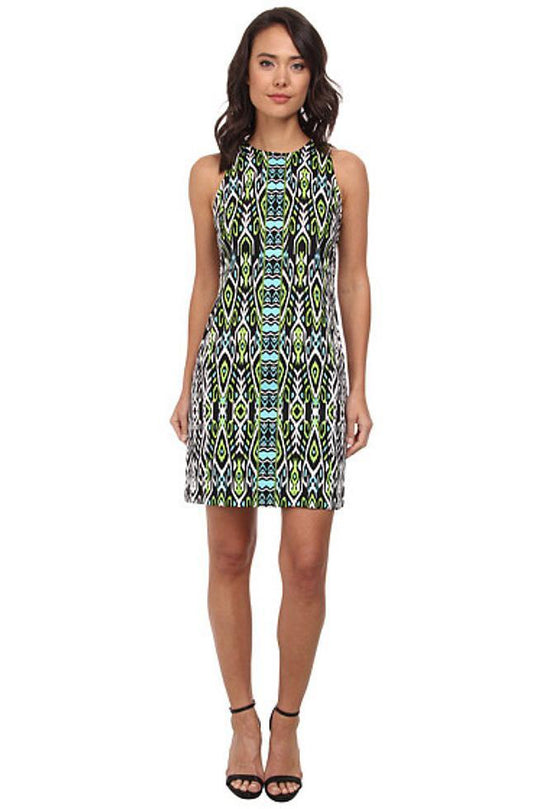 London Times - T1118M Abstract Sheath Cotton Dress in Black and Green