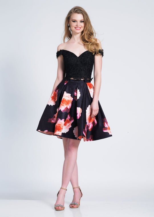Dave & Johnny - 3702 Two-Piece Off Shoulder Floral Print Dress In Black and Print