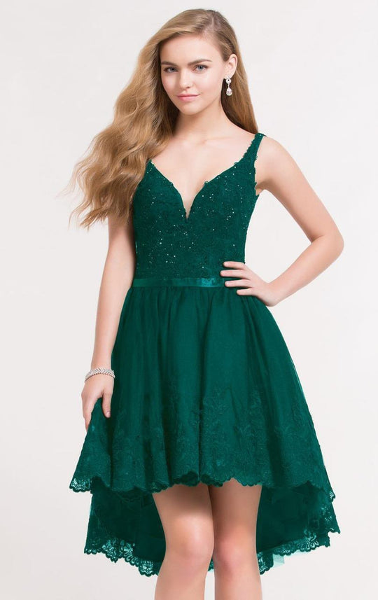 Alyce Paris - 3724 Beaded Lace Plunging High Low Cocktail Dress In Green