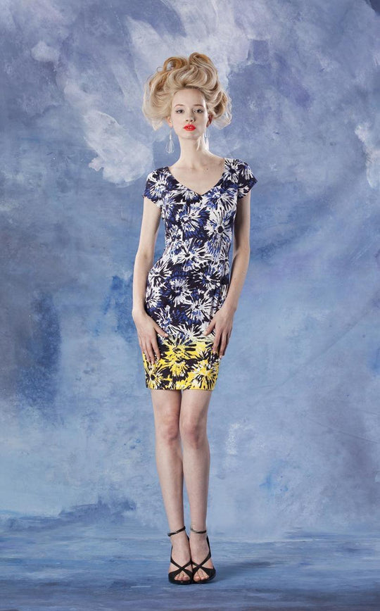 Theia - 881531 Flower Printed Color Block Dress in Print