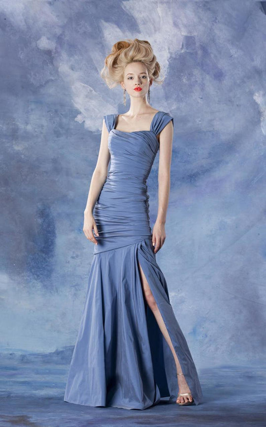 Theia - 881685 Asymmetrical Ruched Mermaid Taffeta Gown in Blue