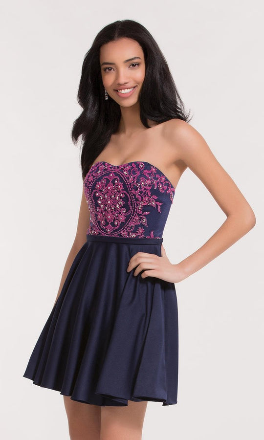 Alyce Paris - 3751 Floral Embroidered Semi-Sweetheart A-line Dress In Blue and Pink