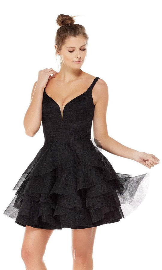 Deep V-neck Mesh A-line Dress in Black