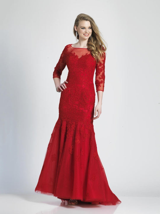 Dave & Johnny - 3756W Lace Illusion Bateau Mermaid Dress With Train In Red