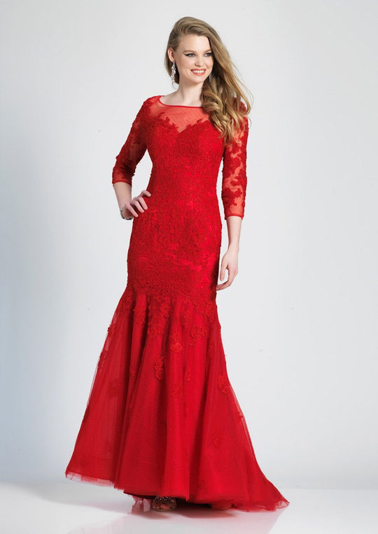 Dave & Johnny - 3756 Lace Applique Illusion Bateau Trumpet Dress In Red