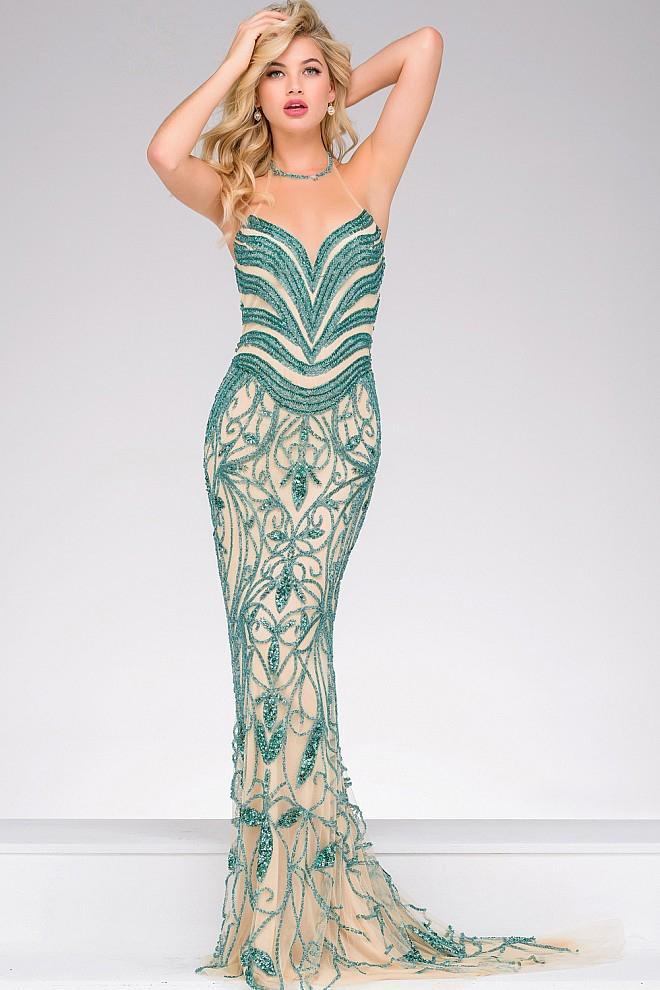 Long Embellished Halter Neck Pageant Dress 37583