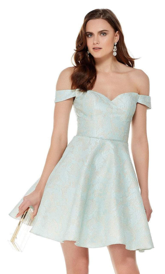 Foliage Motif Off Shoulder Jacquard Dress in Green