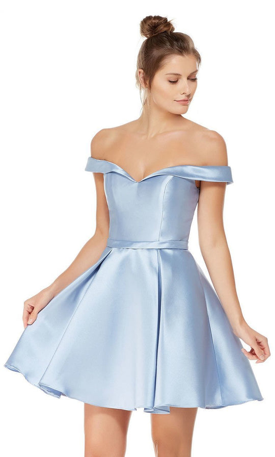 Alyce Paris Sleek Off Shoulder Mikado A-Line Dress 3766 in Blue