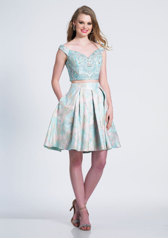 Dave & Johnny - 3768 Beaded Off Shoulder Floral Two-Piece Dress In Blue and Print