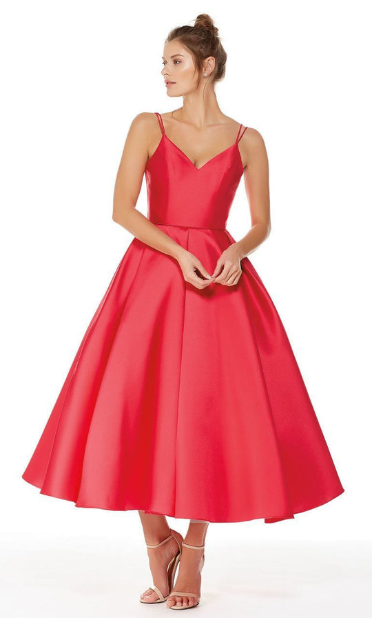 V-neck Mikado Tea Length A-line Dress in Red