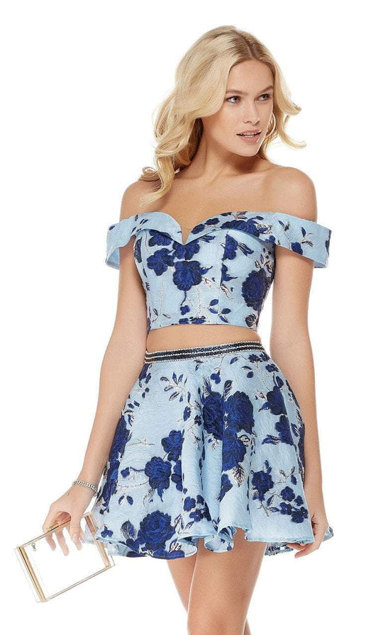 Alyce Paris - 3775 Two Piece Brocade Off-Shoulder A-line Dress in Blue
