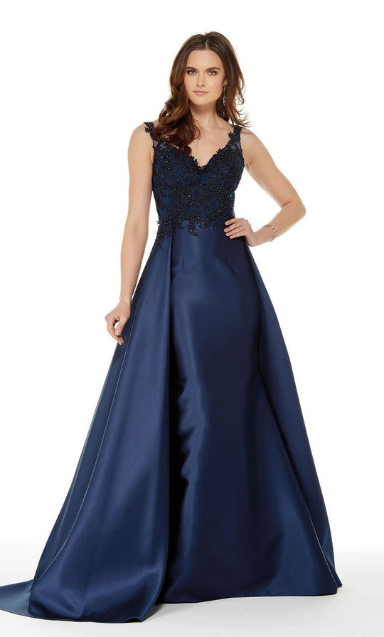 Beaded Applique Sleek Overskirt Long Gown in Blue