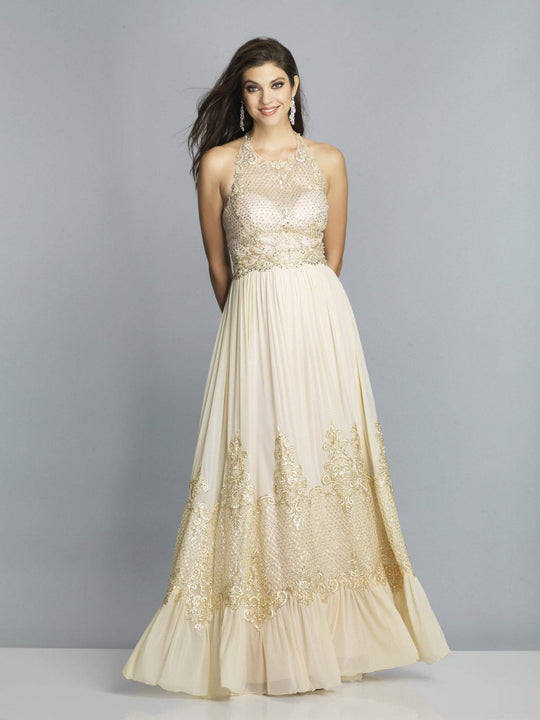 Dave & Johnny - 3823 Beaded Embroidered Halter A-Line Gown In Neutral