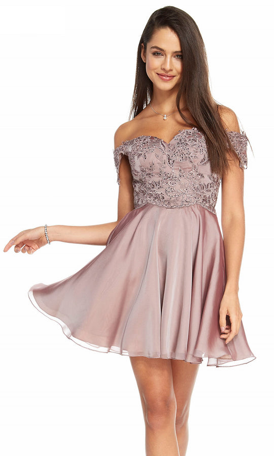 Alyce Paris - 3830 Embroidered Off-Shoulder Chiffon A-Line Dress In Pink and Neutral