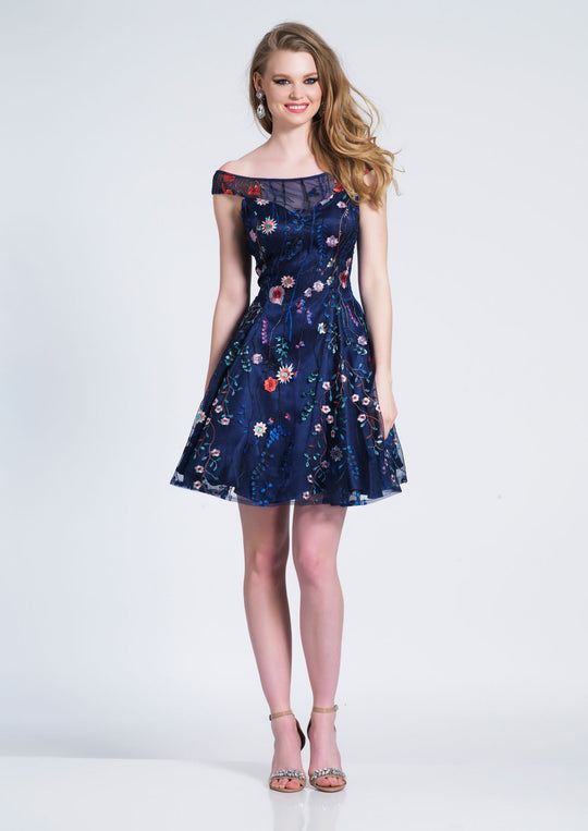 Dave & Johnny - 3835W Embroidered Illusion Off Shoulder Cocktail Dress In Blue and Print