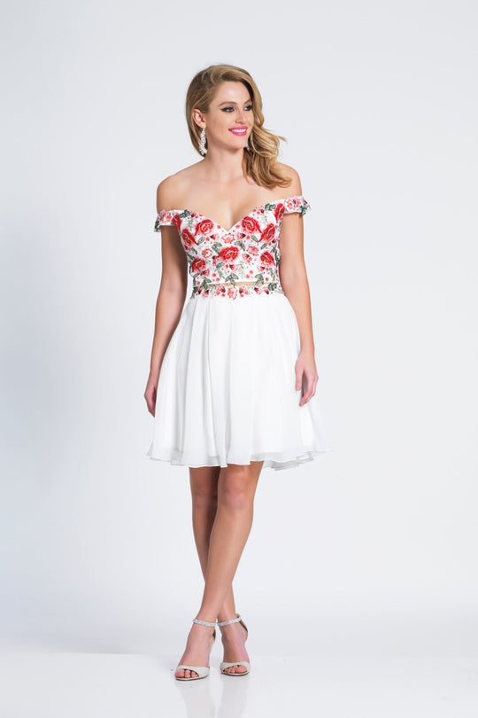 Dave & Johnny - 3856 Floral Off-Shoulder A-Line Cocktail Dress In White