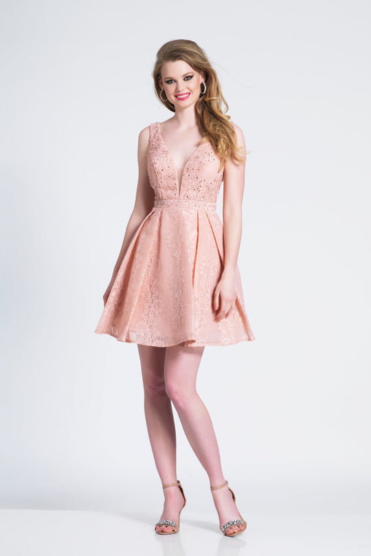 Dave & Johnny - 3864 Plunging V-Neck Pleated A-Line Cocktail Dress In Pink