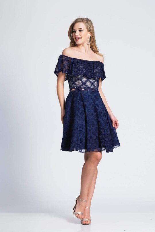 Dave & Johnny - 3865 Scalloped Off-Shoulder A-Line Cocktail Dress In Blue