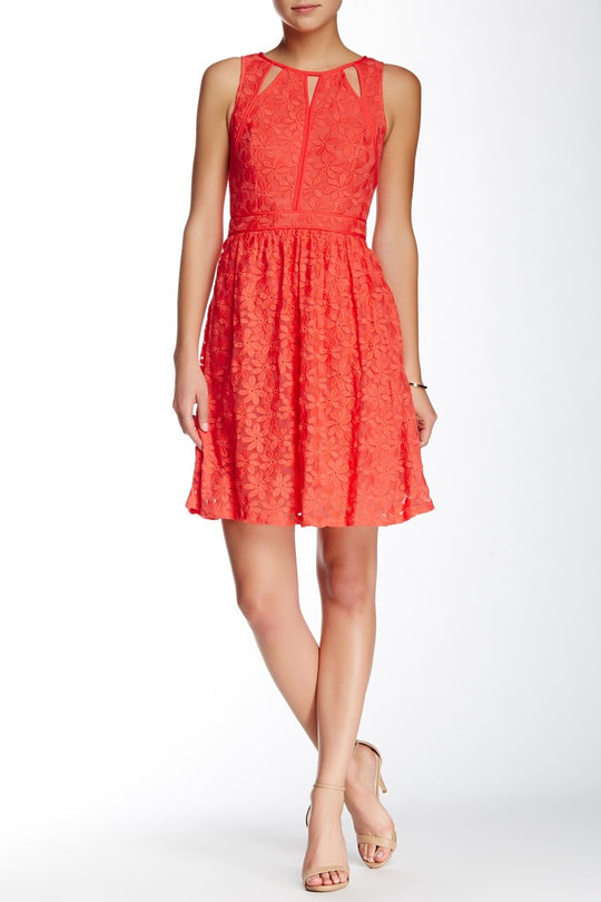 Adrianna Papell - 12245720 Sleeveless Split Lace Dress in Orange