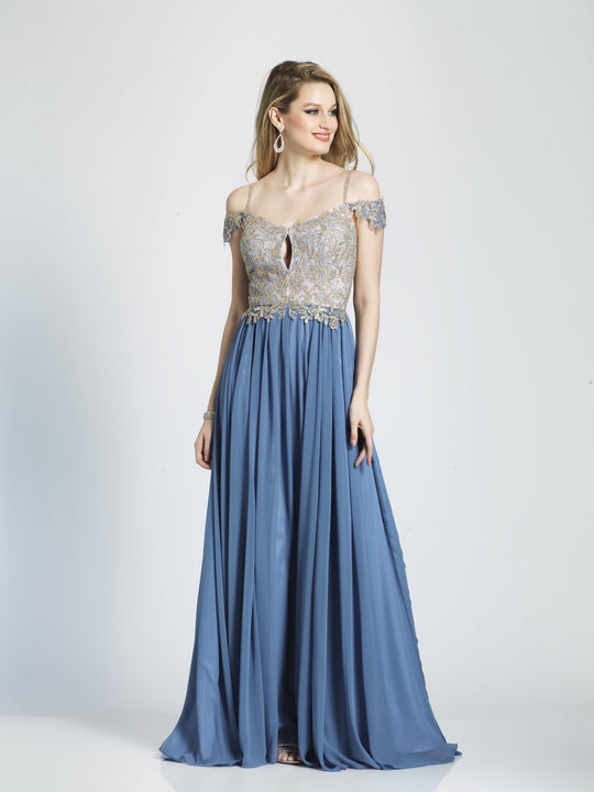 Dave & Johnny - 3873W Bead Embroidered A-Line Evening Gown In Gray and Blue