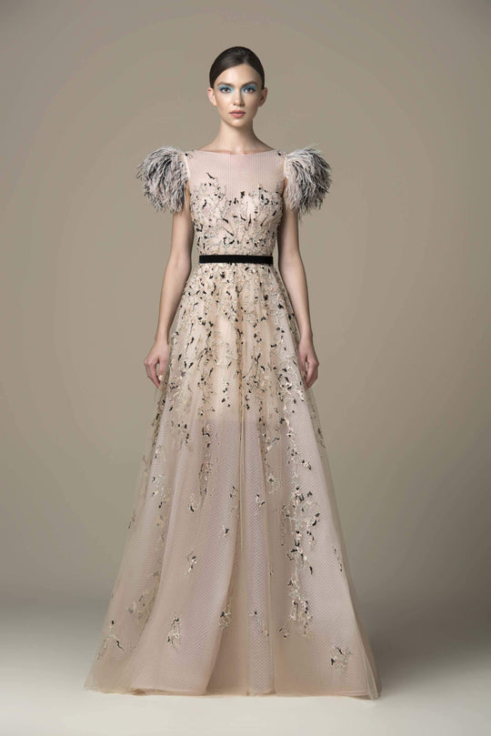 Saiid Kobeisy - RTWSS19-38 Embroidered Bateau A-line Gown In Neutral