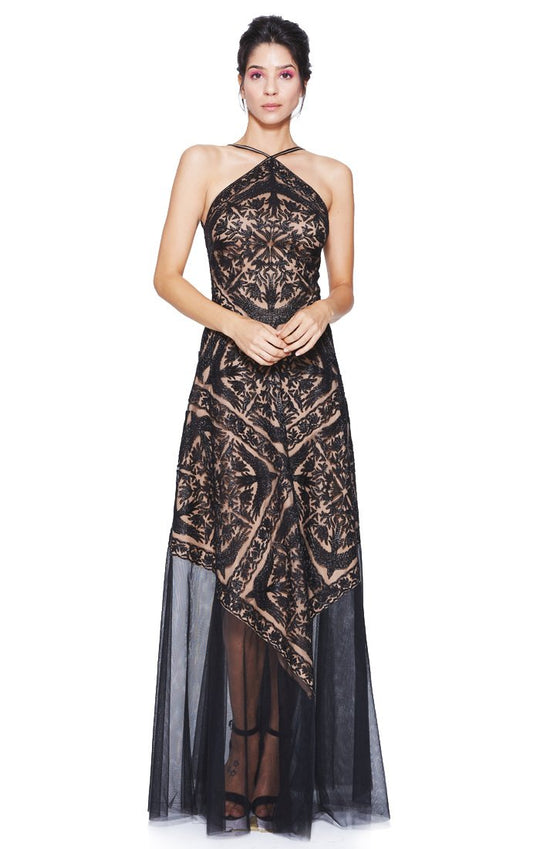 Tadashi Shoji - Sequin Embellished Halter Mesh Dress In Black and Neutral