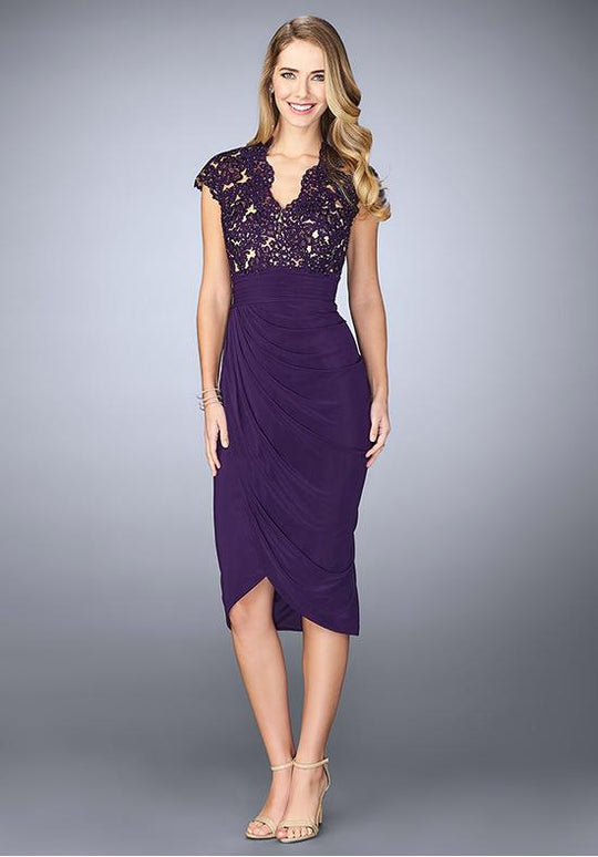 La Femme - 23124 Beaded Lace Ruched Dress In Purple