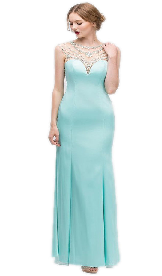 Cap Sleeve Crystal Adorned Illusion Satin Evening Gown
