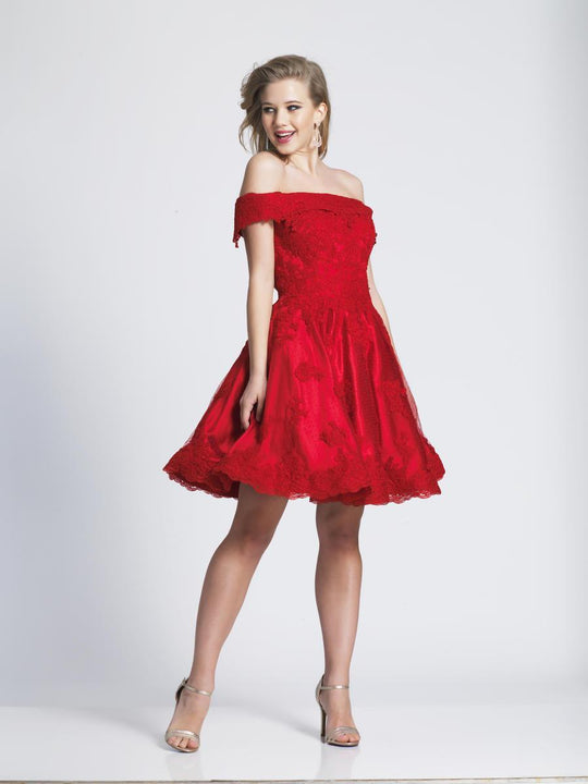 Dave & Johnny - 3900 off Shoulder Lace Applique Cocktail Dress In Red