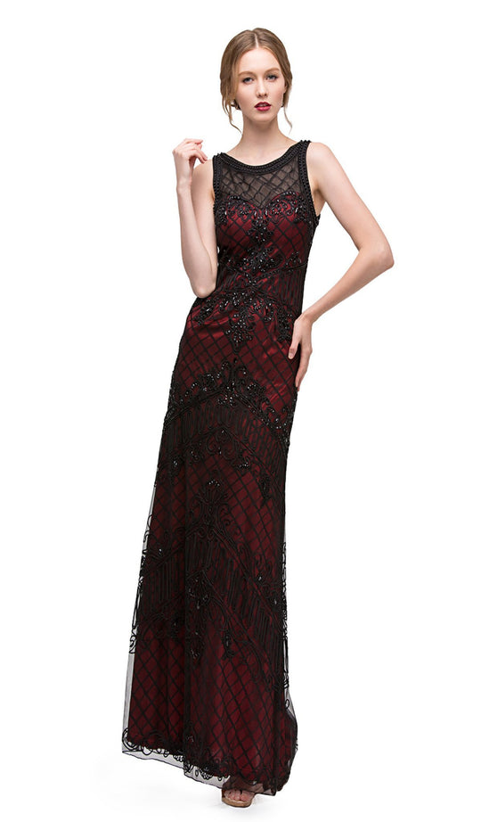 Lattice Motif Illusion Bateau Soutache Evening Gown