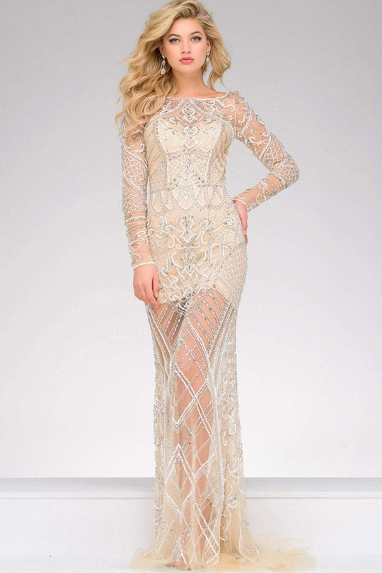 39193A Long-Sleeved Sheer Beaded Long Dress