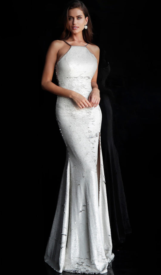 Jovani - 63923 Reverse-Sequined High Slit Mermaid Gown in Silver