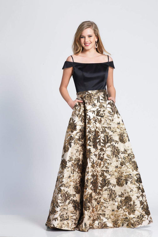 Dave & Johnny - 3926 Off-Shoulder A-Line Evening Gown In Black and Print