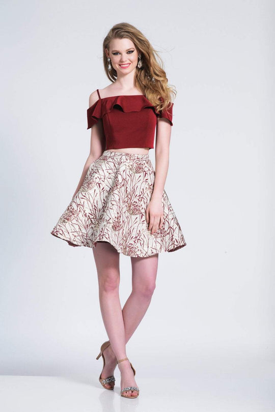 Dave & Johnny - 3928 Two Piece Off-Shoulder A-Line Cocktail Dress In Red and Print