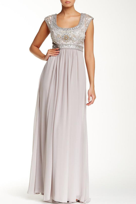 N4438 Sequined Scoop Neck Chiffon Dress In Silver