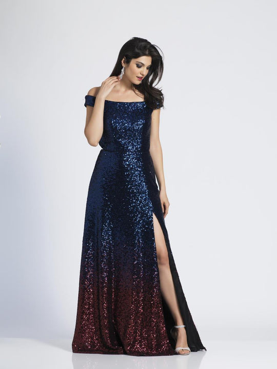 Dave & Johnny - 3934 Ombre Sequined Off-Shoulder A-line Dress In Blue and Red