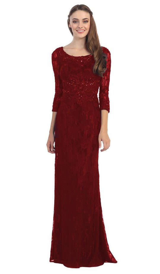 Eureka Fashion - 3935 Beaded Lace Scoop Neck Sheath Dress in Red