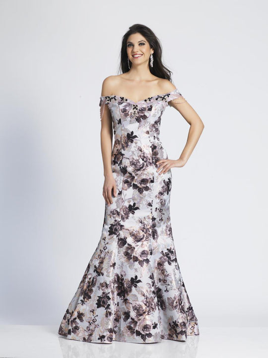 Dave & Johnny - 3938 Floral Print Off-Shoulder Trumpet Dress In Print
