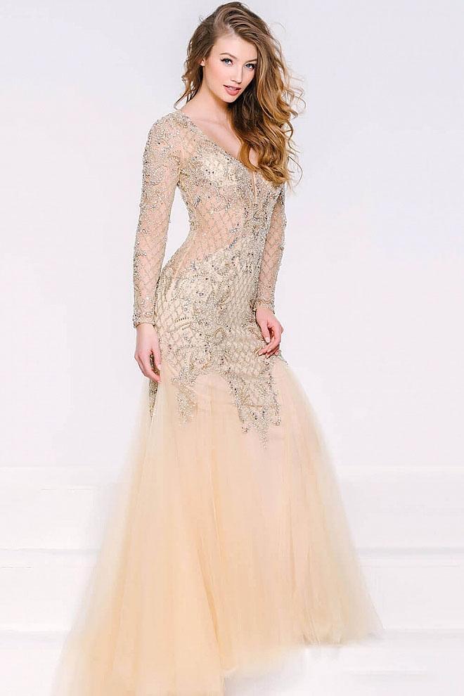 39415 Crystal Beaded Long Sleeve Trumpet Dress
