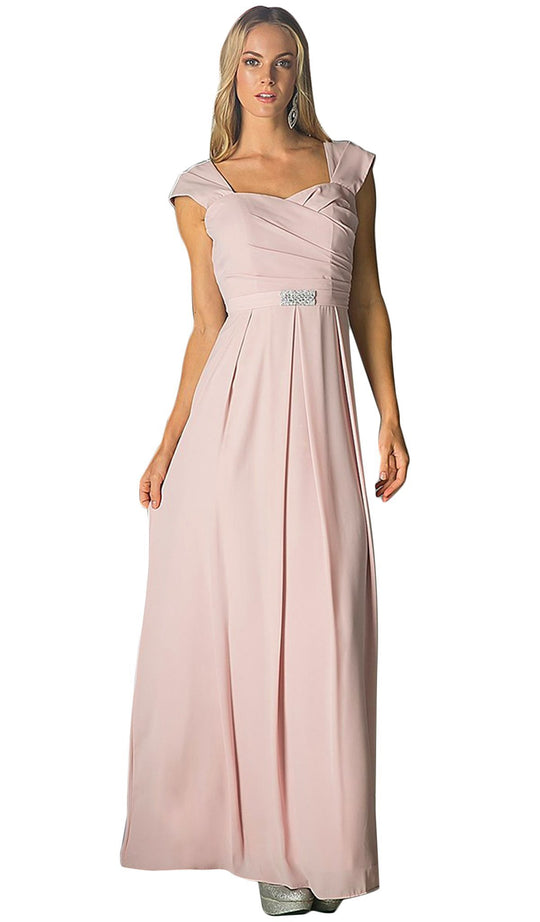 Cap Sleeve Pleated Bodice A-Line Long Formal Dress