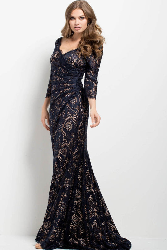 39503 Quarter Sleeve Ruched Lace Gown