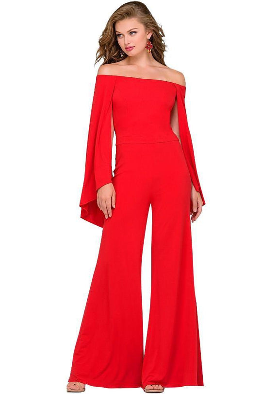 Jovani - Off Shoulder Jersey Jumpsuit in Red 39598 in Red