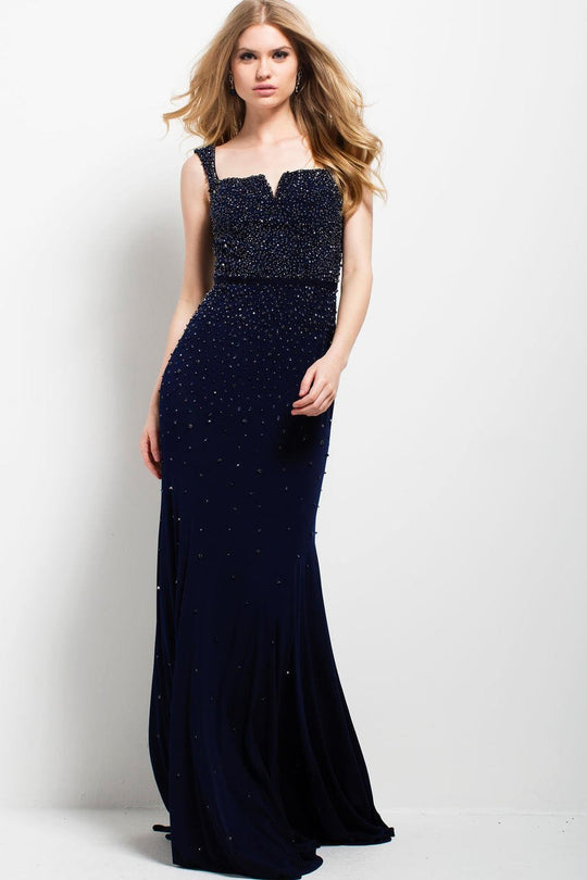 39640 Bejeweled Notched Sheath Gown